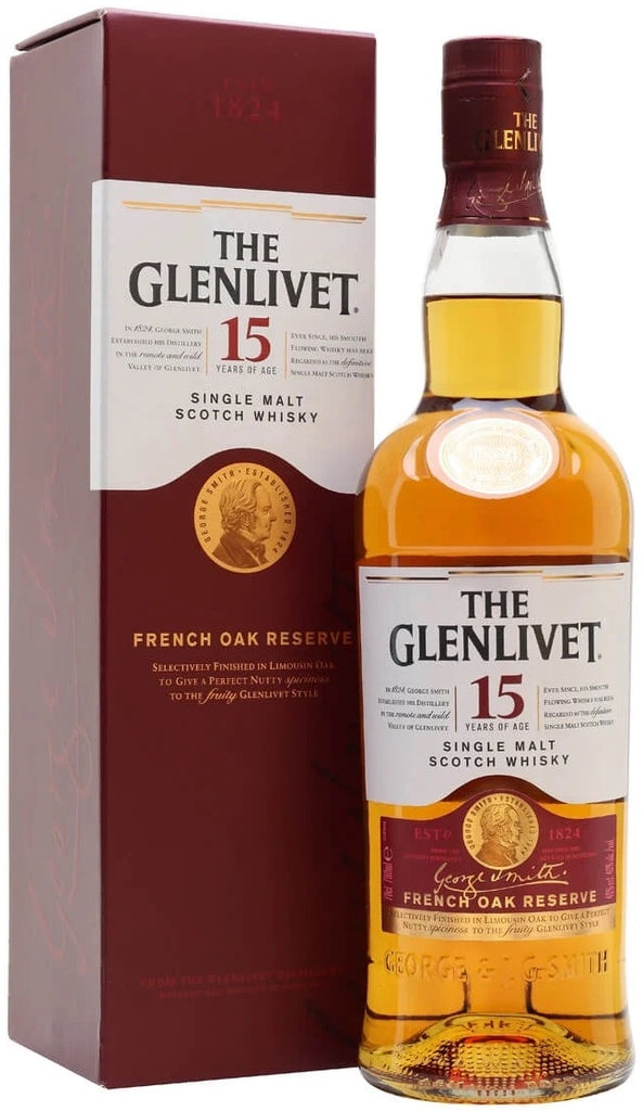 An image of a bottle of Glenlivet 15 Year Old French Oak Reserve Single Malt Scotch Whisky next to its handsome gift box