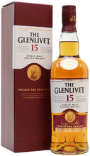 Load image into Gallery viewer, An image of a bottle of Glenlivet 15 Year Old French Oak Reserve Single Malt Scotch Whisky next to its handsome gift box