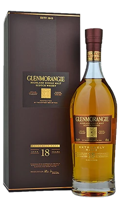 An image of a luxurious bottle of Glenmorangie Extremely Rare 18 Year Old Single Malt Whisky next to its stunning Gift Box