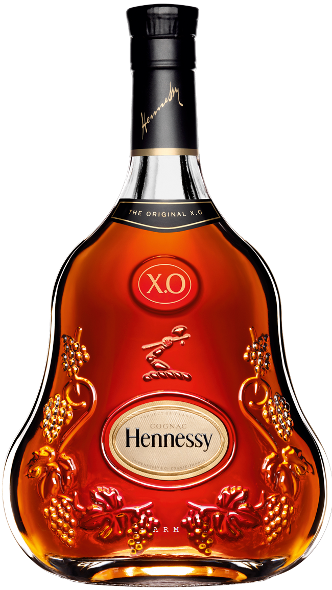 A bottle of Hennessy XO Cognac with a clear label displaying the brand name and the type of cognac. The bottle is tinted with a red hue, emphasizing the color of the cognac.