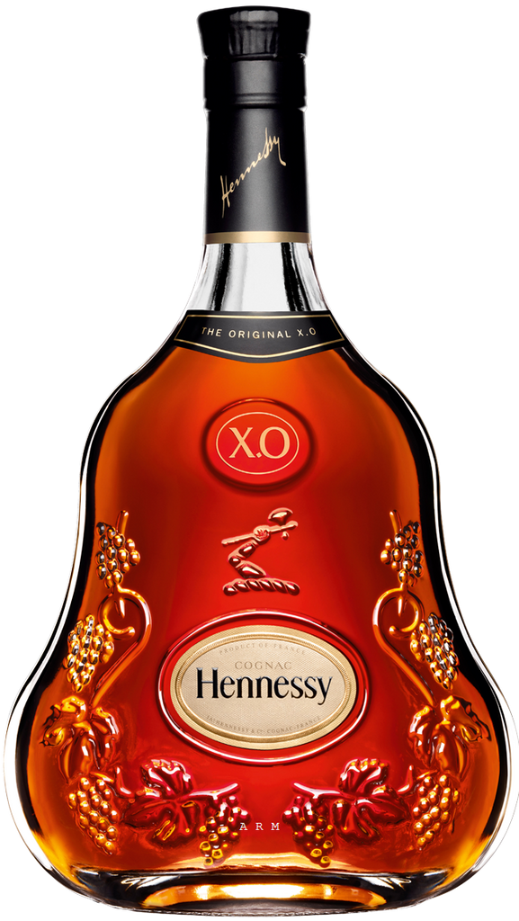 A bottle of Hennessy XO Cognac with a clear label displaying the brand name and the type of cognac. The bottle is tinted with a red hue, emphasizing the color of the cognac.