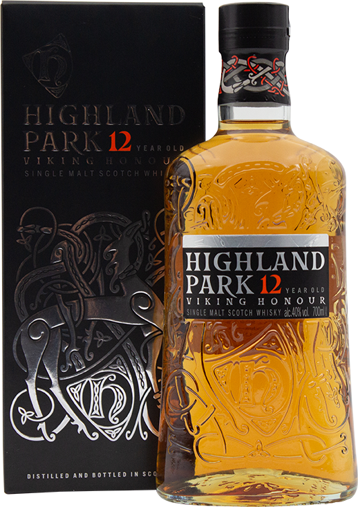 Load image into Gallery viewer, An image of a bottle of a Highland Park 12YO Viking Honour Scotch Single Malt Whisky beside it's gift box.