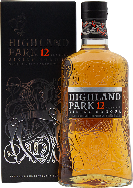 An image of a bottle of a Highland Park 12YO Viking Honour Scotch Single Malt Whisky beside it's gift box.