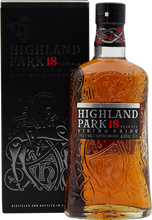 Load image into Gallery viewer, An image of a bottle of the supremely delicious Highland Park 18YO Viking Pride Single Malt Scotch Whisky next to it&#39;s handsome gift box with viking carvings