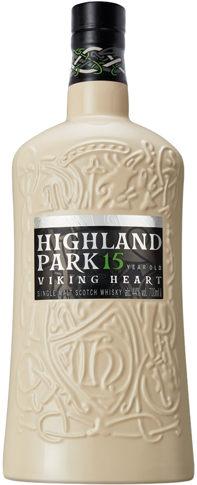 An image of a bottle Highland Park 15YO Viking Heart Single Malt Scotch Whisky. The bottle itself is ceramic making it simply spectacular, great as a gift too.