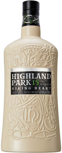 An image of a bottle Highland Park 15YO Viking Heart Single Malt Scotch Whisky. The bottle itself is ceramic making it simply spectacular, great as a gift too.
