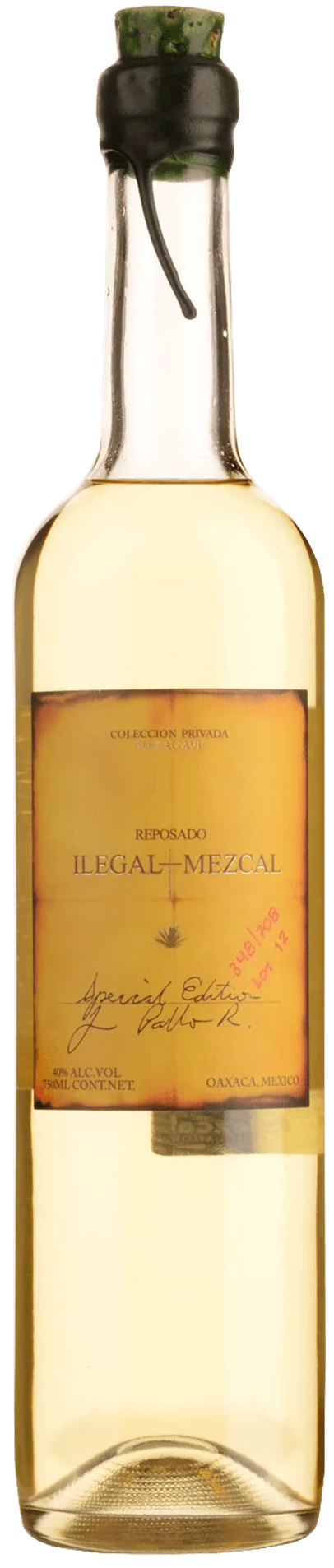 An image of a bottle of Ilegal Mezcal Reposado from Oaxaca in Mexico with its handsome wax sealed cork stopper.
