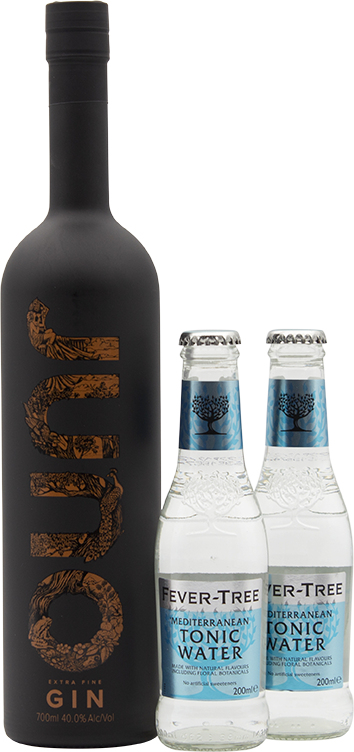 An image of a bottle of Juno Gin and two bottles of Fever-Tree Mediterranean tonic waters