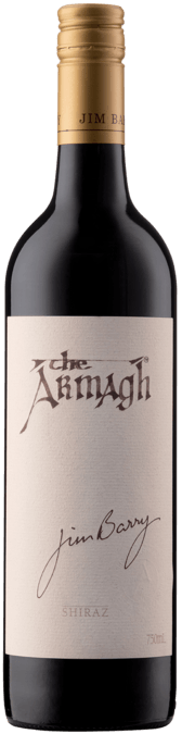 A bottle of Jim Barry The Armagh Shiraz wine with a label showing the brand, the varietal, and the vintage year 2017.