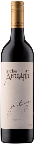A bottle of Jim Barry The Armagh Shiraz wine with a label showing the brand, the varietal, and the vintage year 2017.
