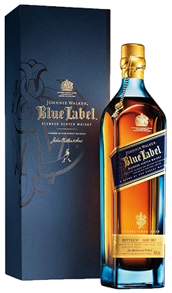 An image of a bottle of Johnnie Walker Blue Label Scotch Whisky next to its stunning gift box