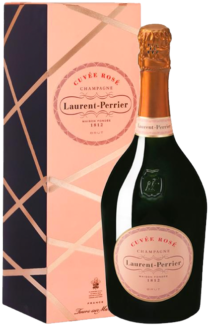 An image of a bottle of Laurent-Perrier Cuvée Rosé Brut Champagne beside its beautiful gift box.