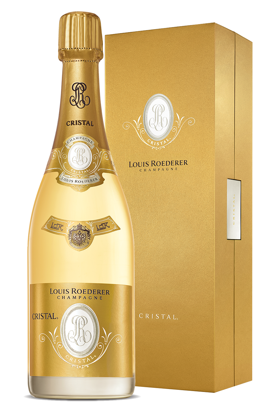 Load image into Gallery viewer, An image of a bottle of the iconic Louis Roederer Cristal Champagne, 750ml next to its beautiful gift box.