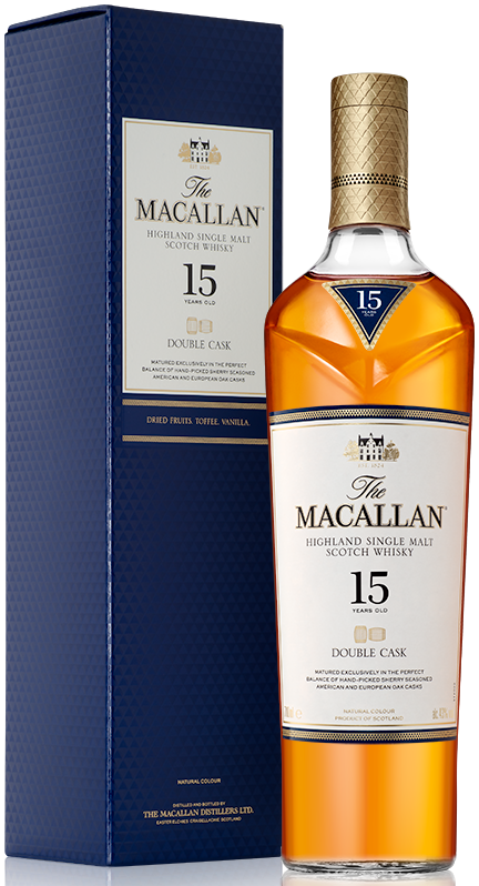 Load image into Gallery viewer, An image of a bottle of Macallan 15 Year Old Double Cask Single Malt Scotch Whisky 700ml next to its handsome gift box.