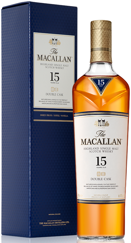 An image of a bottle of Macallan 15 Year Old Double Cask Single Malt Scotch Whisky 700ml next to its handsome gift box.