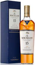 Load image into Gallery viewer, An image of a bottle of Macallan 15 Year Old Double Cask Single Malt Scotch Whisky 700ml next to its handsome gift box.
