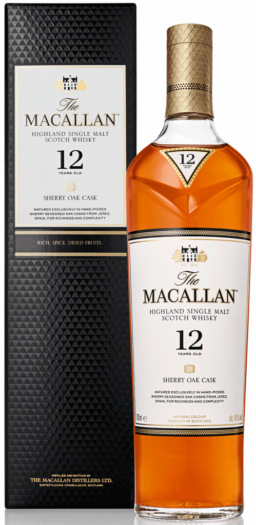 An image of a bottle of Macallan 12 Year Old Sherry Oak Cask Single Malt Whisky next to its fine gift box