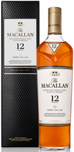 Load image into Gallery viewer, An image of a bottle of Macallan 12 Year Old Sherry Oak Cask Single Malt Whisky next to its fine gift box