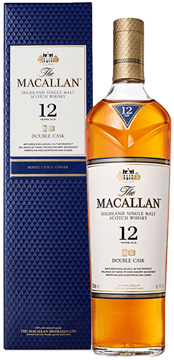 An image of a bottle of Macallan Double Cask 12 Year Old Single Malt Scotch Whisky next to its fine gift box.