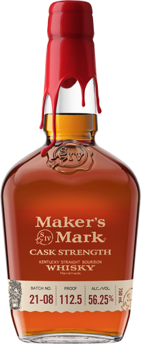 An image of a bottle of Maker's Mark Cask Strength Kentucky Straight Bourbon Whiskey with its spectacular red wax seal