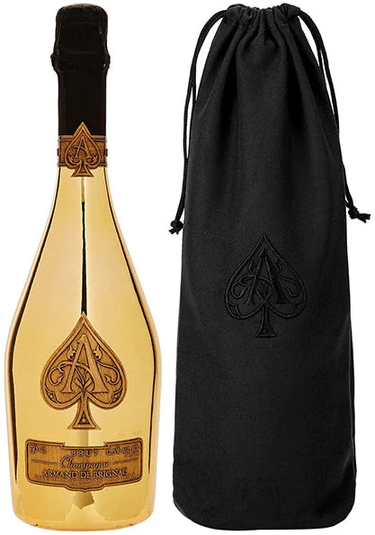A stunning bottle of Armand de Brignac Ace of Spades Gold Champagne NV, including a luxurious black velvet sleeve, rapper Jay-Z's favourite