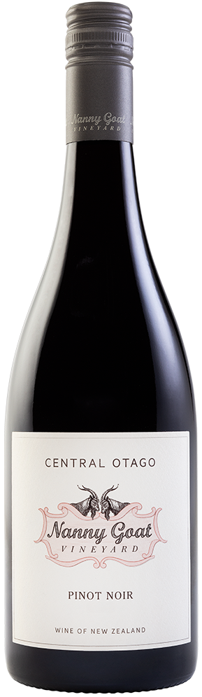 Bottle of Nanny Goat Pinot Noir wine with a label displaying the brand name, variety, and vintage, set against a white background.
