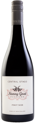 Bottle of Nanny Goat Pinot Noir wine with a label displaying the brand name, variety, and vintage, set against a white background.