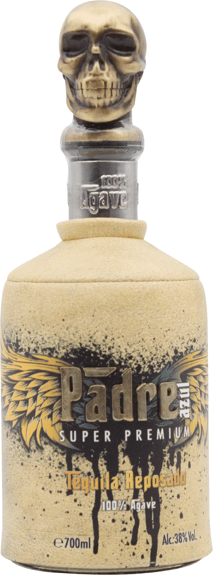 Bottle of Padre Azul Reposado Tequila in a stunning leather sleeve and metal skull stopper