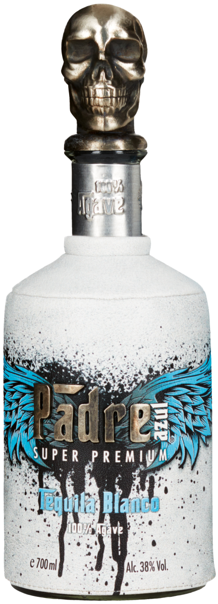 A bottle of Padre Azul Blanco Tequila with a distinctive skull cap design on the bottle, showcasing silver and white colors with blue decorative elements.