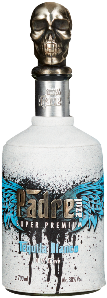A bottle of Padre Azul Blanco Tequila with a distinctive skull cap design on the bottle, showcasing silver and white colors with blue decorative elements.