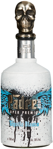 A bottle of Padre Azul Blanco Tequila with a distinctive skull cap design on the bottle, showcasing silver and white colors with blue decorative elements.