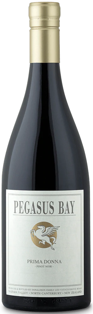 An image of a bottle of Pegasus Bay 'Prima Donna' Pinot Noir from Waipara Valley in Canterbury, New Zealand