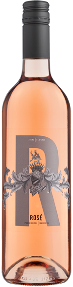 Bottle of Poderi Crisci Rosé wine with a pink hue visible through the transparent bottle. The label features the Poderi Crisci logo and the variety of grapes, Merlot, prominently displayed.