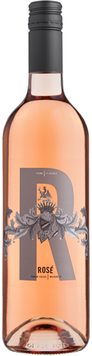 Bottle of Poderi Crisci Rosé wine with a pink hue visible through the transparent bottle. The label features the Poderi Crisci logo and the variety of grapes, Merlot, prominently displayed.