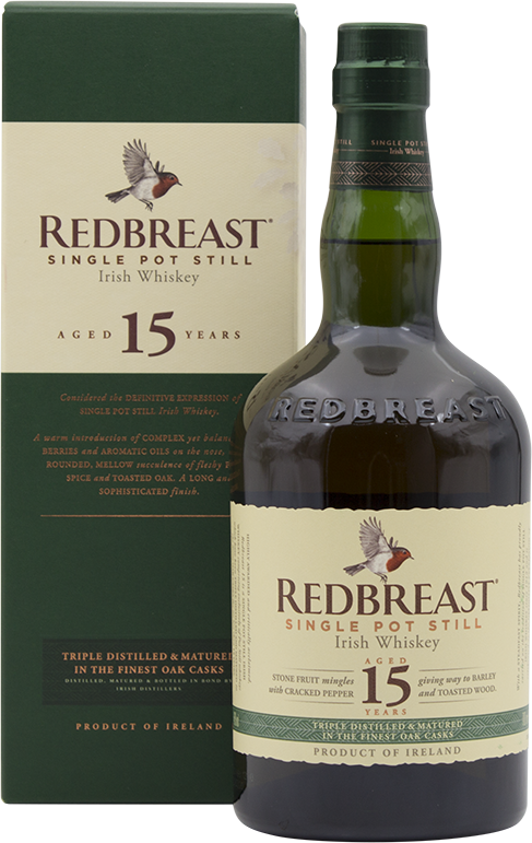 An image of a bottle of Redbreast 15 Year Old Single Pot Still Irish Whiskey next to its handsome green gift box