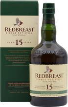 Load image into Gallery viewer, An image of a bottle of Redbreast 15 Year Old Single Pot Still Irish Whiskey next to its handsome green gift box