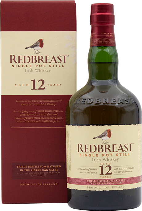 Load image into Gallery viewer, An image of a bottle of Redbreast 12 Year Old Single Pot Still Irish Whiskey next to its red gift box