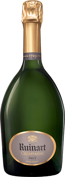 A bottle of Ruinart R de Ruinart Brut Champagne with a golden foil cap.