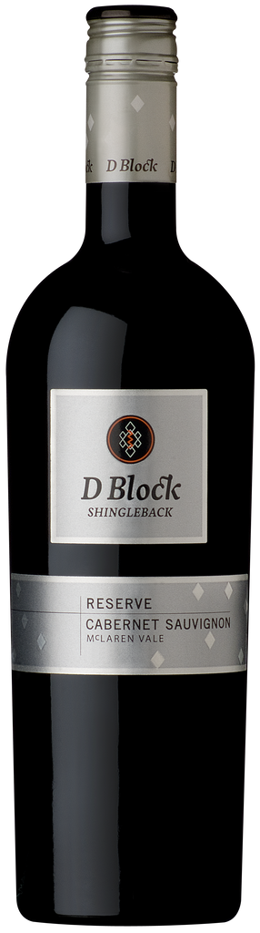 A bottle of Shingleback 'D Block' Reserve Cabernet Sauvignon with a dark label and a screwcap closure.