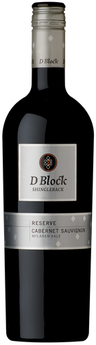 A bottle of Shingleback 'D Block' Reserve Cabernet Sauvignon with a dark label and a screwcap closure.