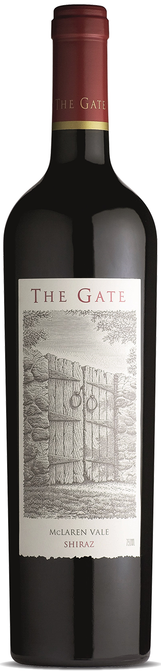 A bottle of Shingleback The Gate Shiraz wine with a label depicting a gate and some foliage. The background is transparent.