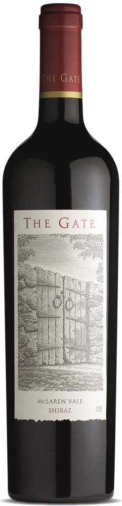 A bottle of Shingleback The Gate Shiraz wine with a label depicting a gate and some foliage. The background is transparent.