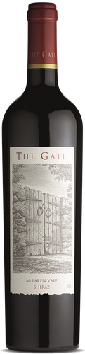 A bottle of Shingleback The Gate Shiraz wine with a label depicting a gate and some foliage. The background is transparent.