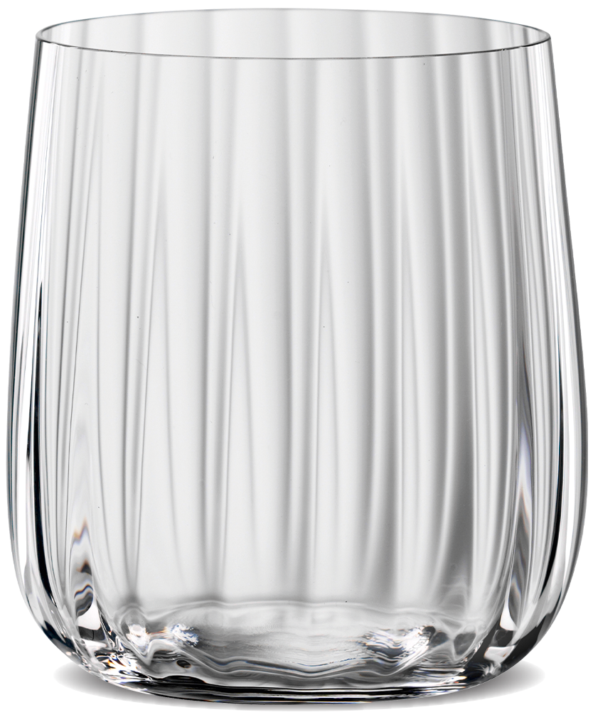 A clear Spiegelau Lifestyle tumbler with a modern diamond shape and linear decoration.