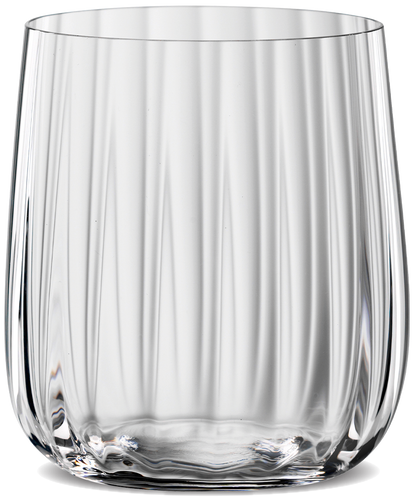 A clear Spiegelau Lifestyle tumbler with a modern diamond shape and linear decoration.
