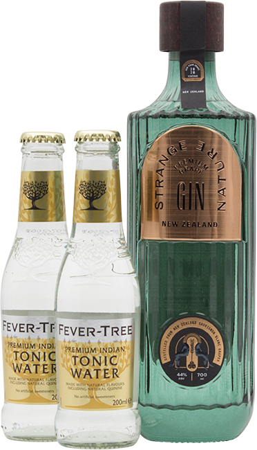 An image of a beautiful and uniquely Kiwi Strange Nature Gin that's been infused with New Zealand Sauvignon Blanc plus two Fever-Tree Indian Tonic waters beside to compliment this stunning gin