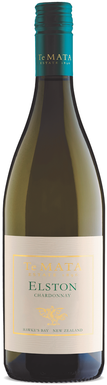 Bottle of Te Mata Elston Chardonnay with a white label, displaying the brand, wine name, and vintage year.