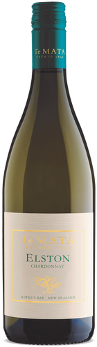 Bottle of Te Mata Elston Chardonnay with a white label, displaying the brand, wine name, and vintage year.