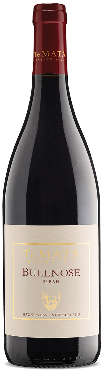 Load image into Gallery viewer, A bottle of Te Mata Estate Bullnose Syrah red wine with a label featuring a bull emblem, indicating the wine's name and possibly hinting at its robust quality.