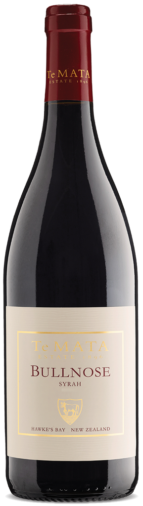 A bottle of Te Mata Estate Bullnose Syrah red wine with a label featuring a bull emblem, indicating the wine's name and possibly hinting at its robust quality.